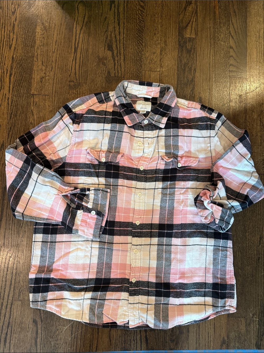 American Eagle Men's Pink Plaid Fleece Button-Up Shirt
